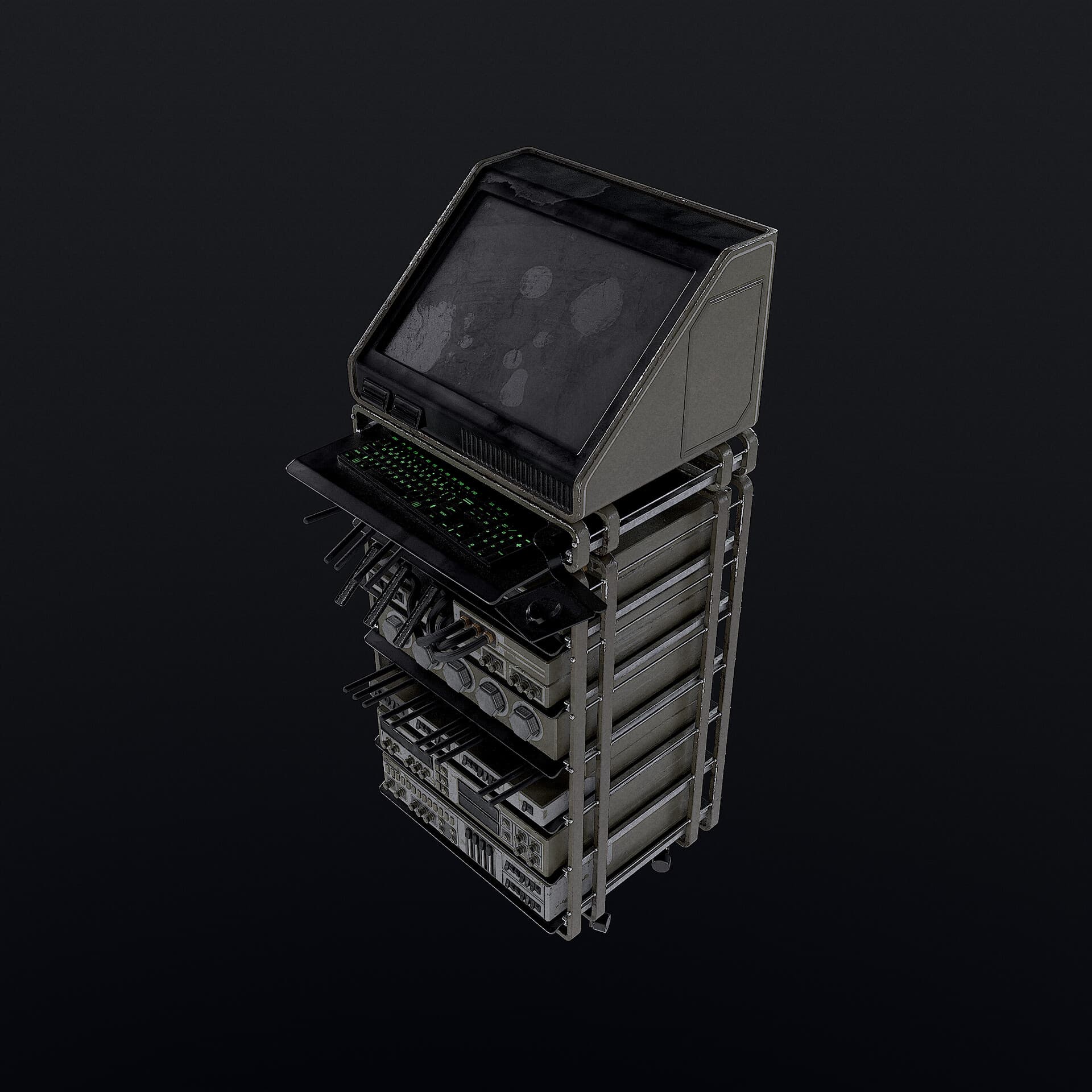 A rugged command computer with a green keyboard and detailed metal housing