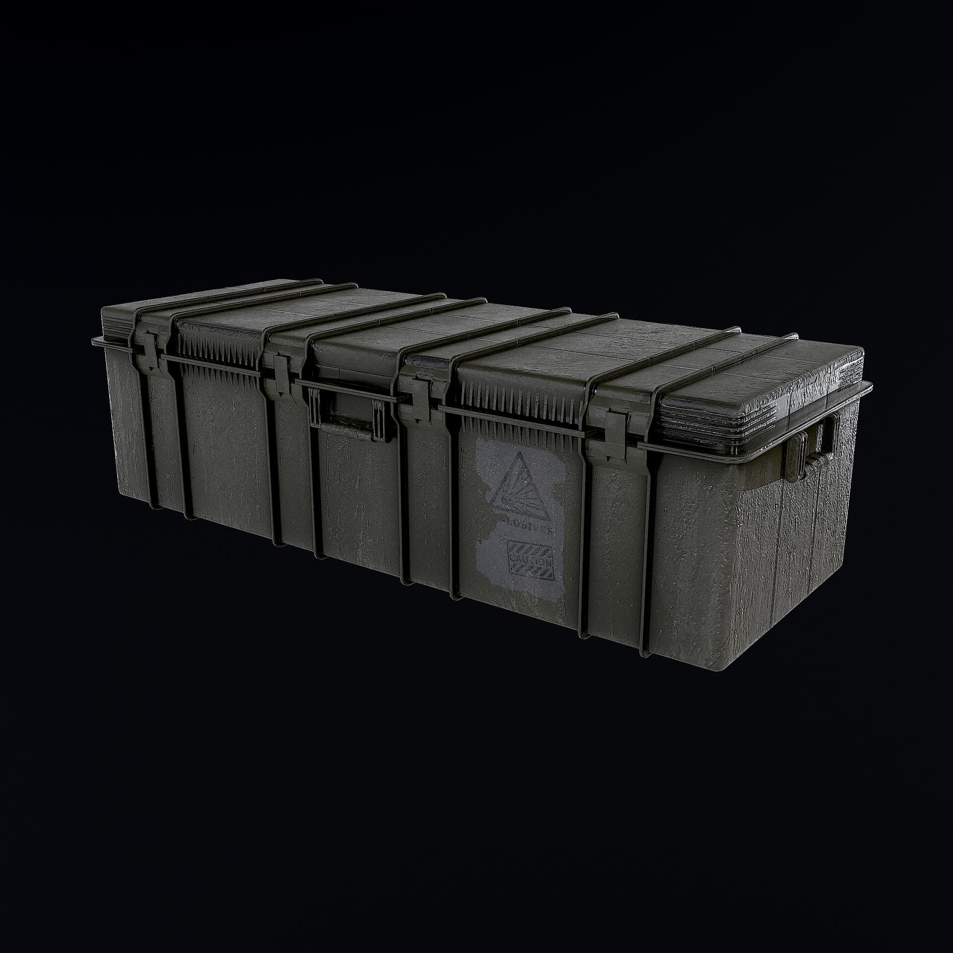 A weathered reinforced equipment crate with metal latches and surface markings
