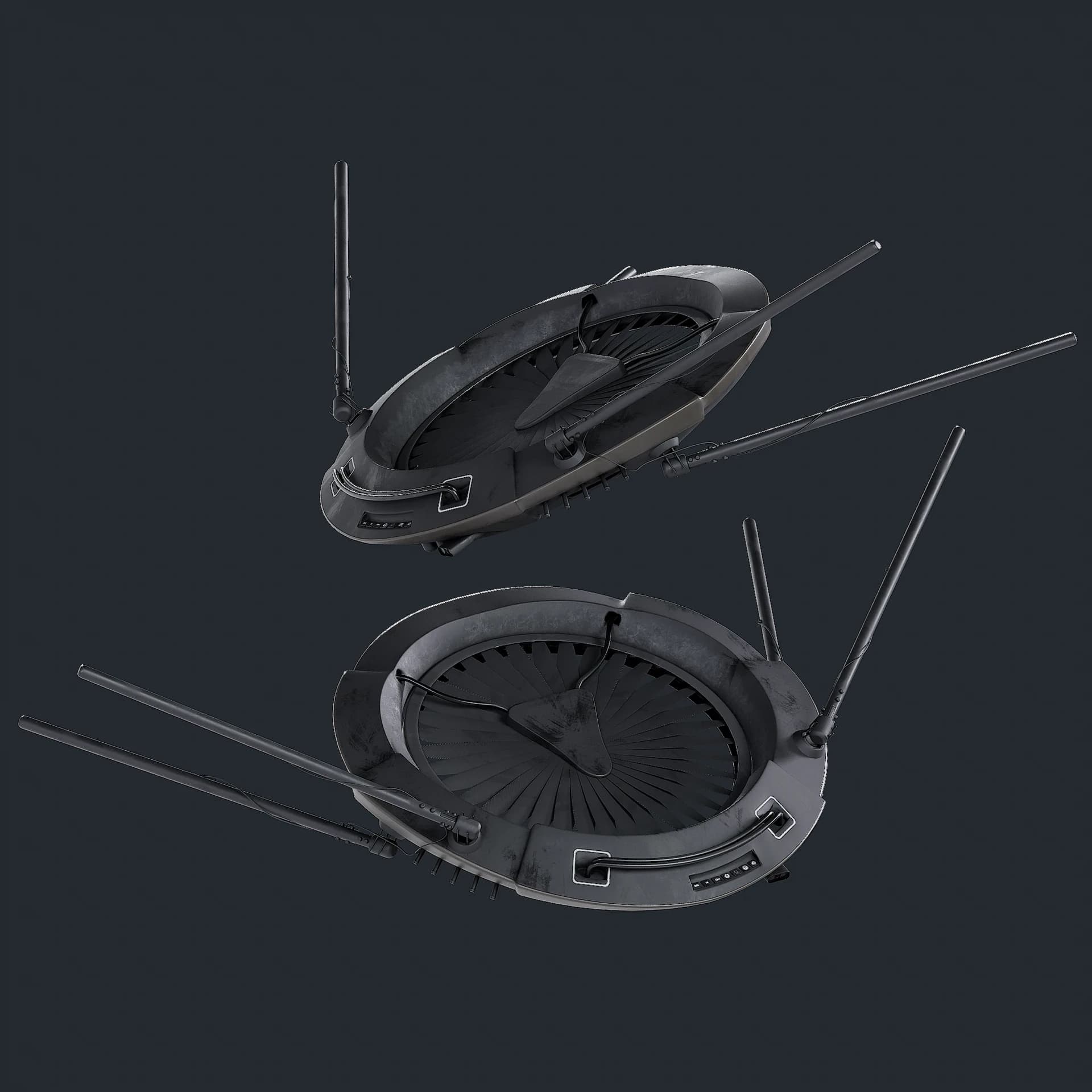 Two complete industrial drone models with long antennas on a square dark background
