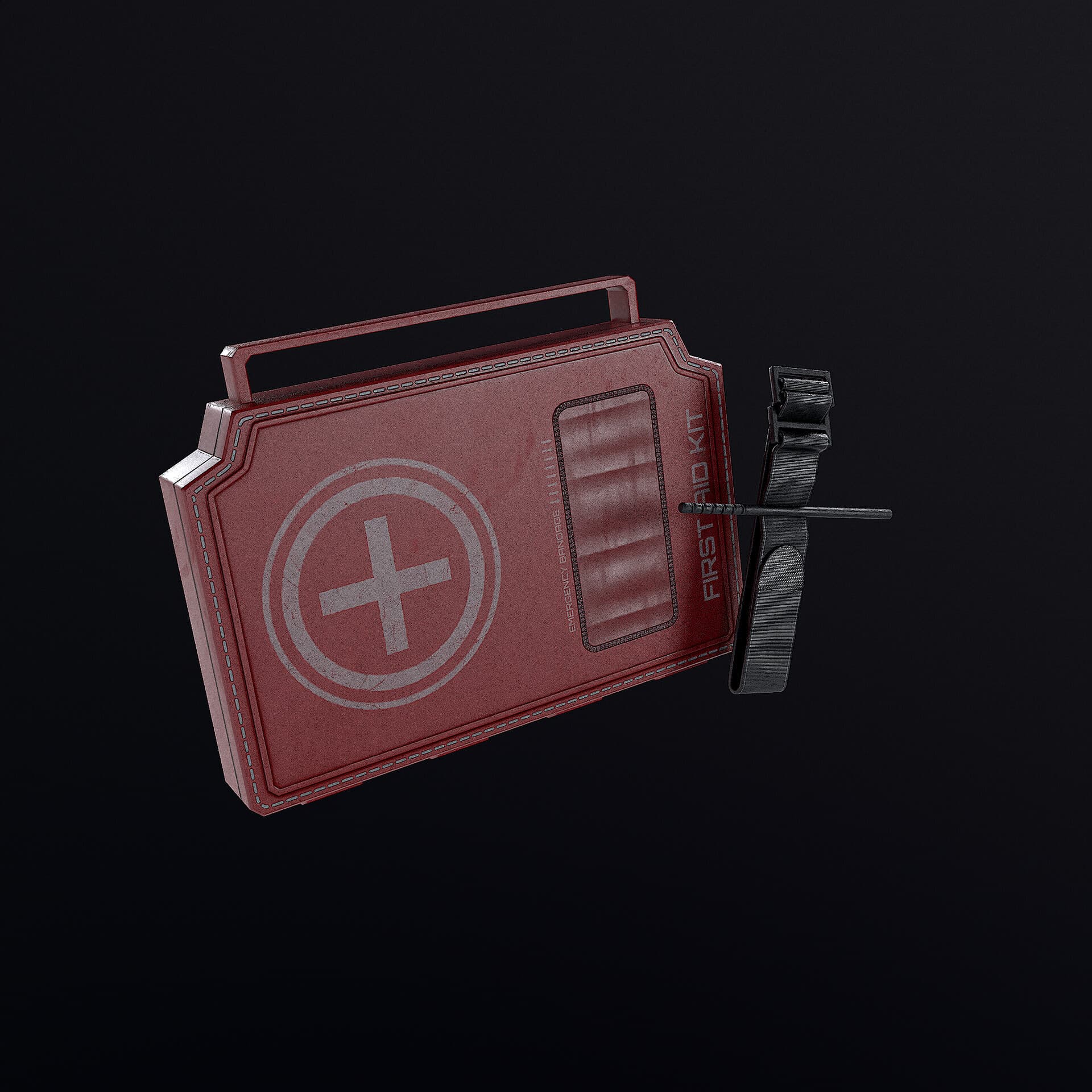 A red first-aid case and black tourniquet on a dark background.