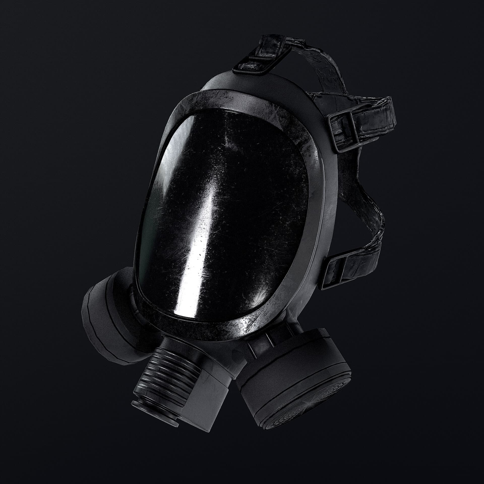 A black full-face gas mask with two filters and head straps.