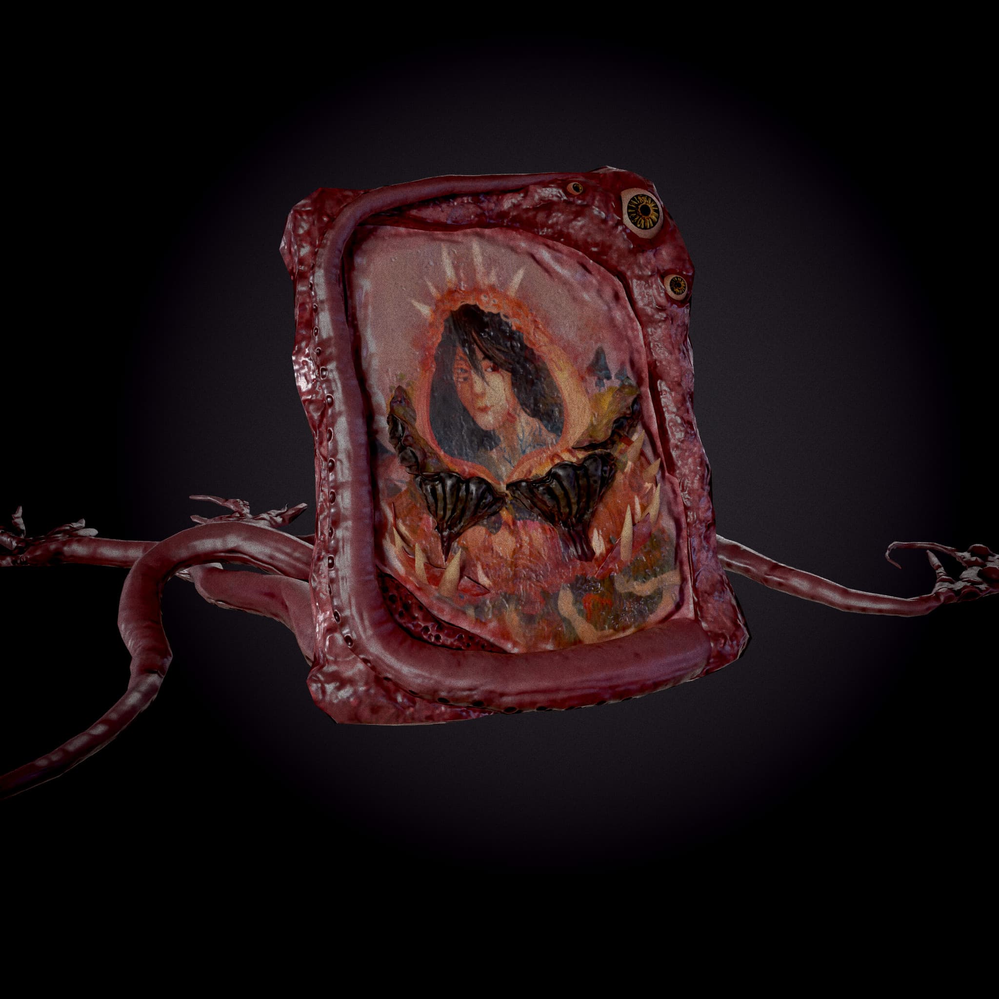 A portrait in a red organic frame with yellow eyes, teeth and extended tentacles.