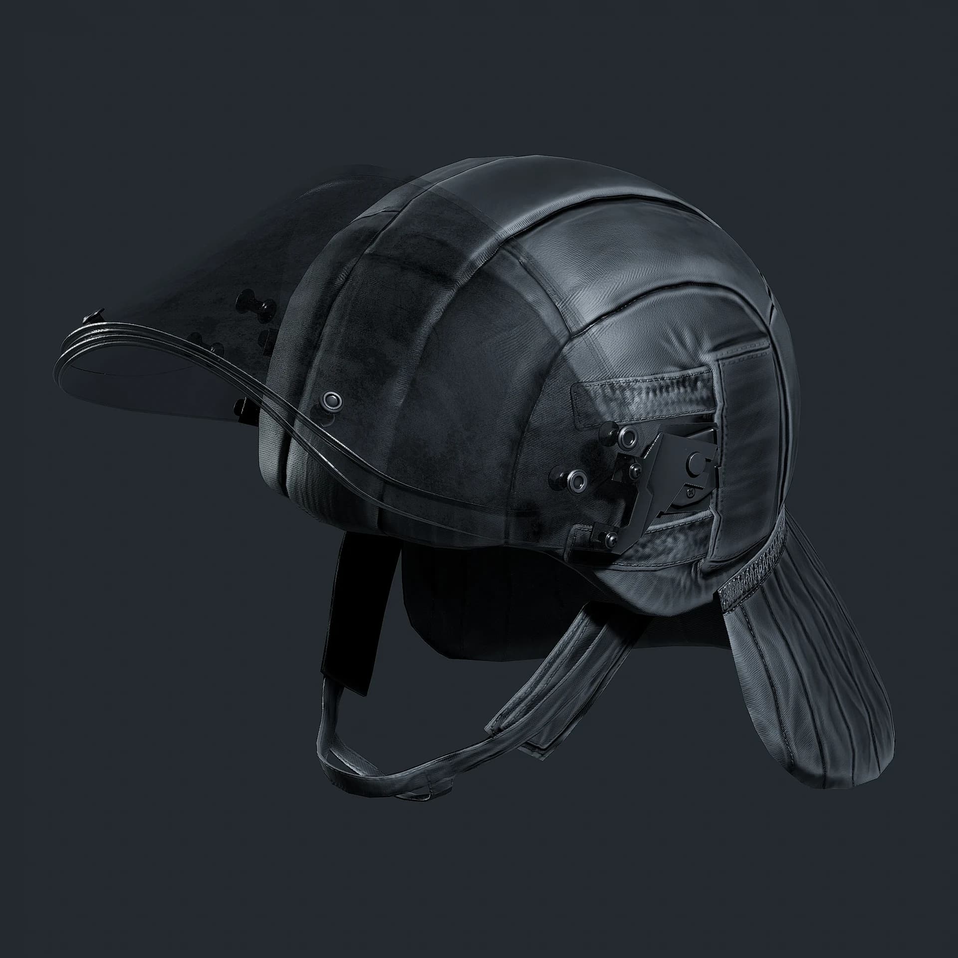 A dark protective helmet with a raised visor and fabric padding.