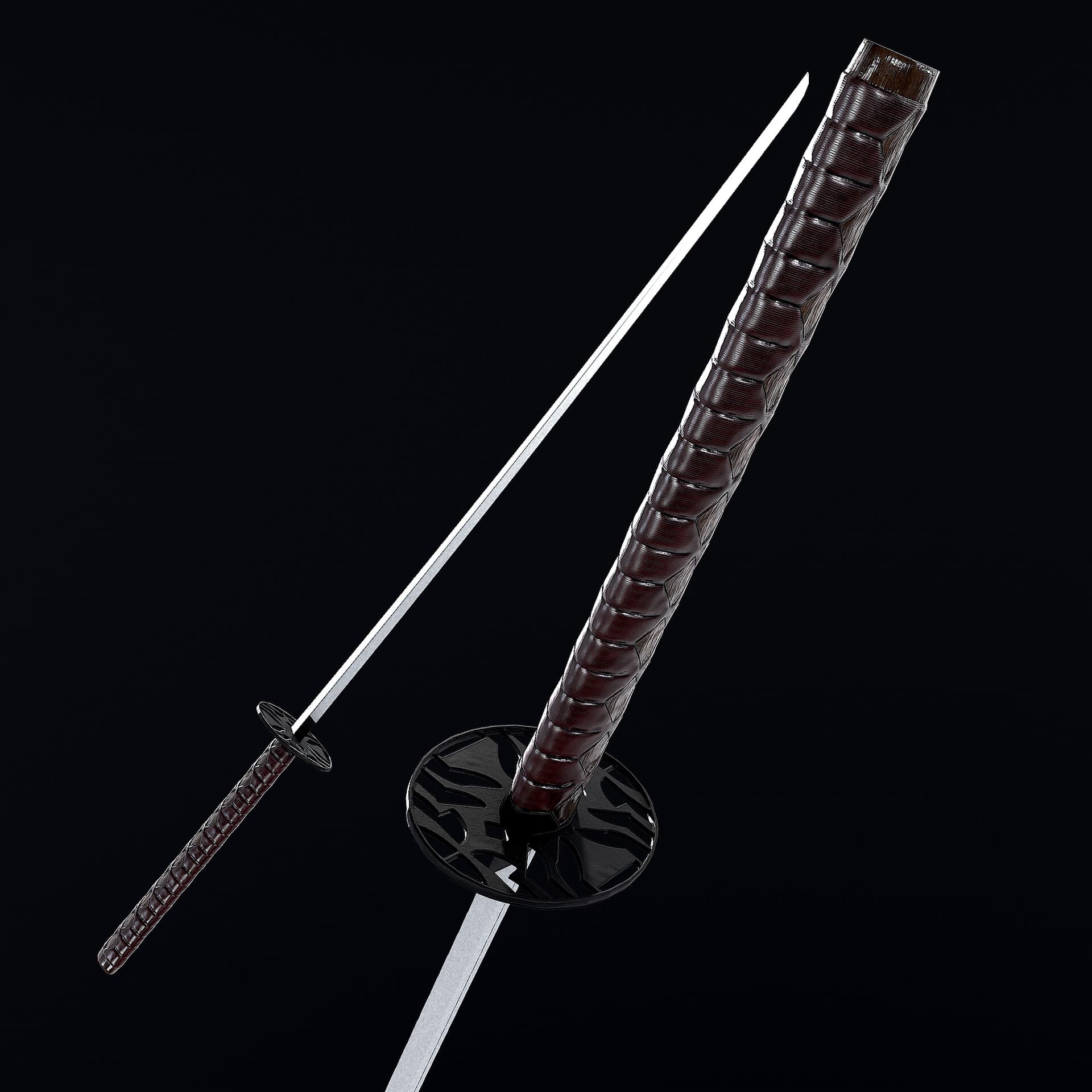 A full katana beside an enlarged view of its brown wrapped handle and metal guard.