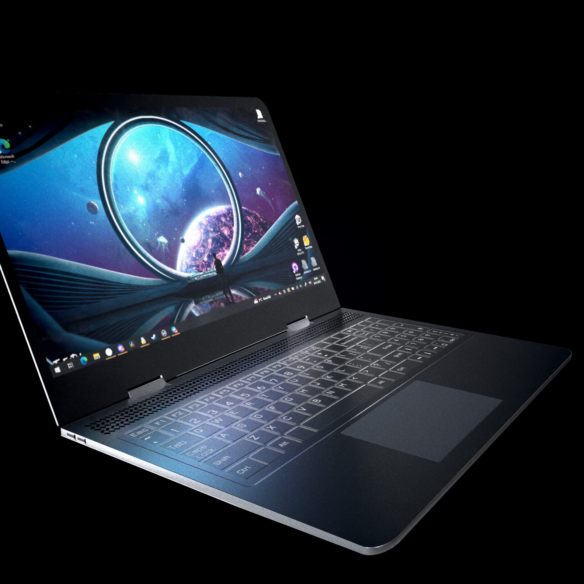 An open dark laptop with a blue space-themed wallpaper and detailed keyboard.