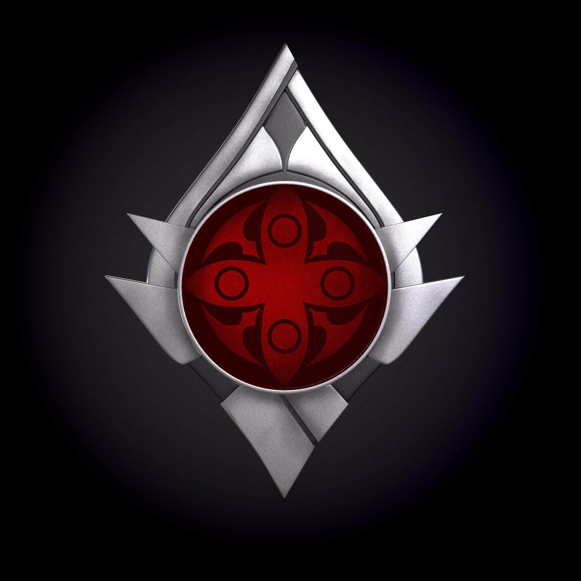A red and silver ornate Pyro Fatui Delusion amulet