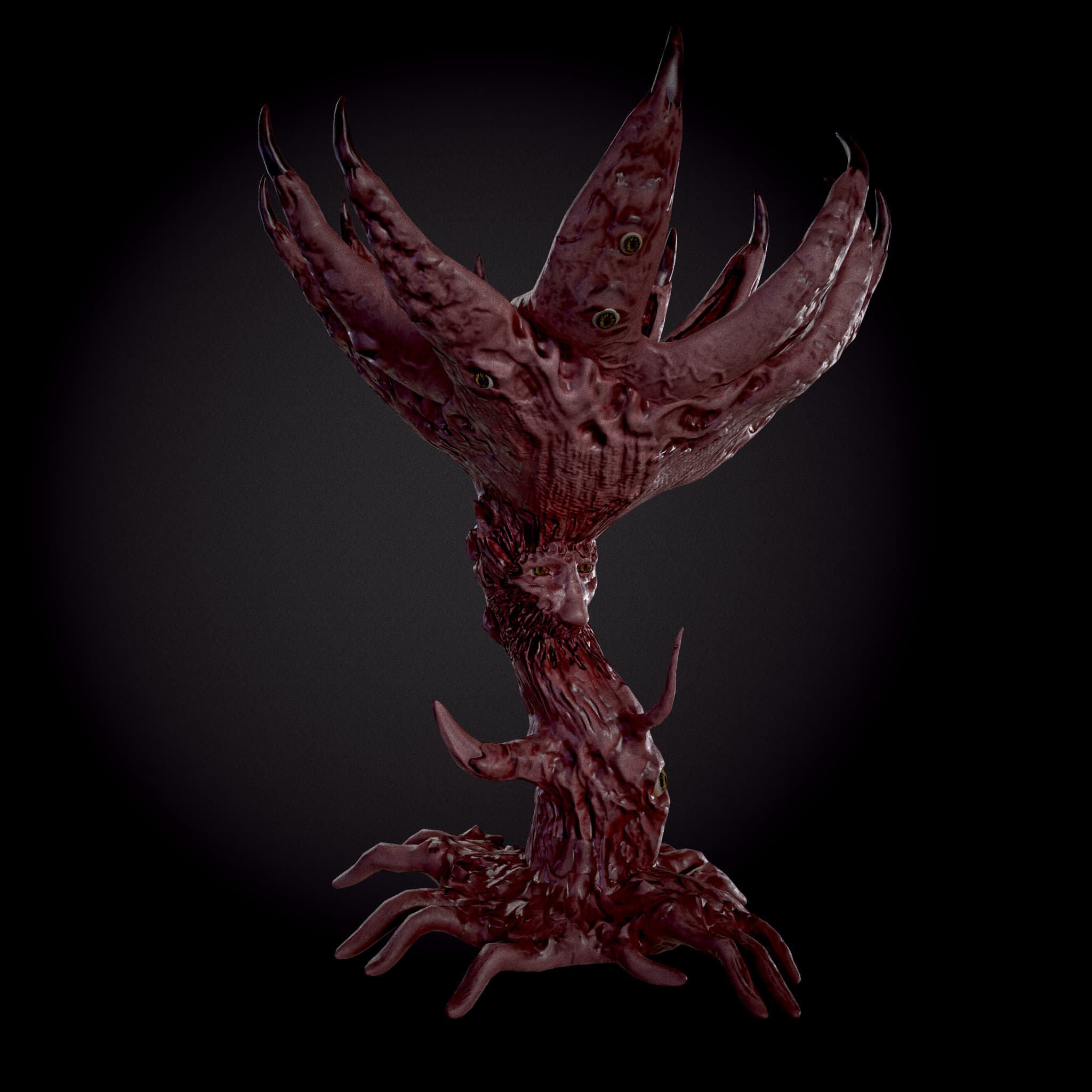 A red organic flower with three tall petals, embedded eyes and curling tendril roots.