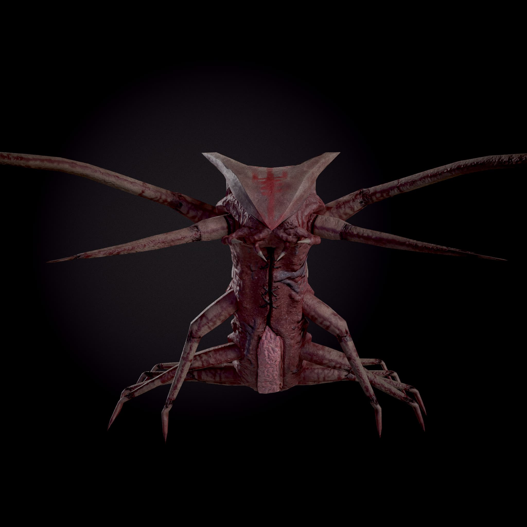A red segmented creature facing forward, with an angular head, long lateral spikes and small jointed legs.