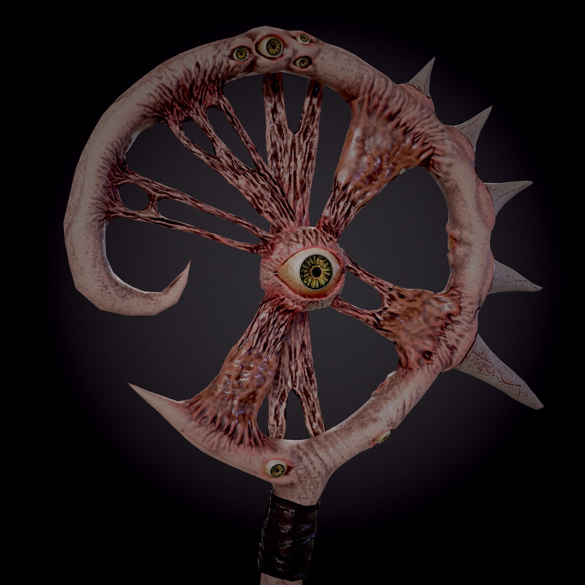 A circular organic staff head with a central yellow eye, connecting tendons and outer spikes.