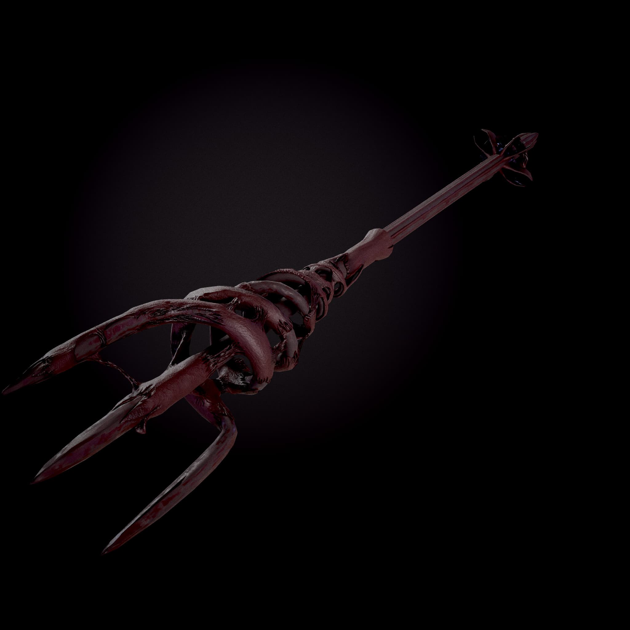 A dark red trident viewed along its shaft, with three curved organic prongs in the foreground.