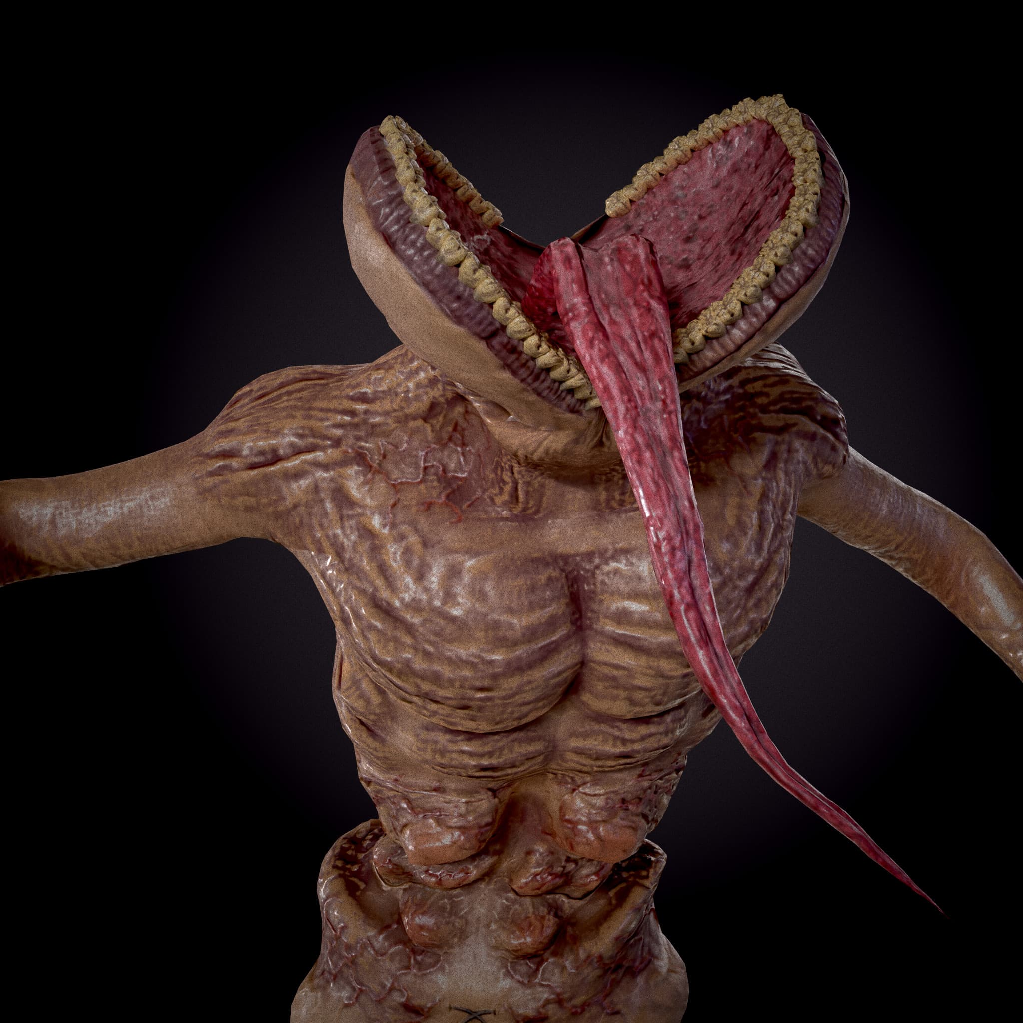 A humanoid creature with an open tooth-lined head, a long tongue and a sculpted ribbed torso.