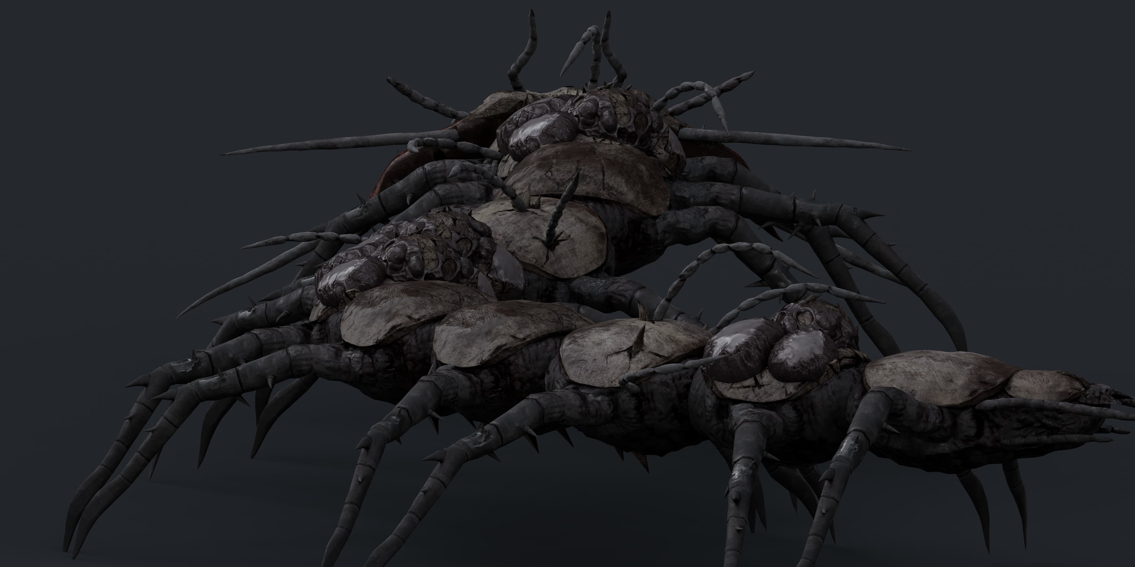 A segmented gray creature with stone-like armor, dark glossy clusters and long spiny legs.