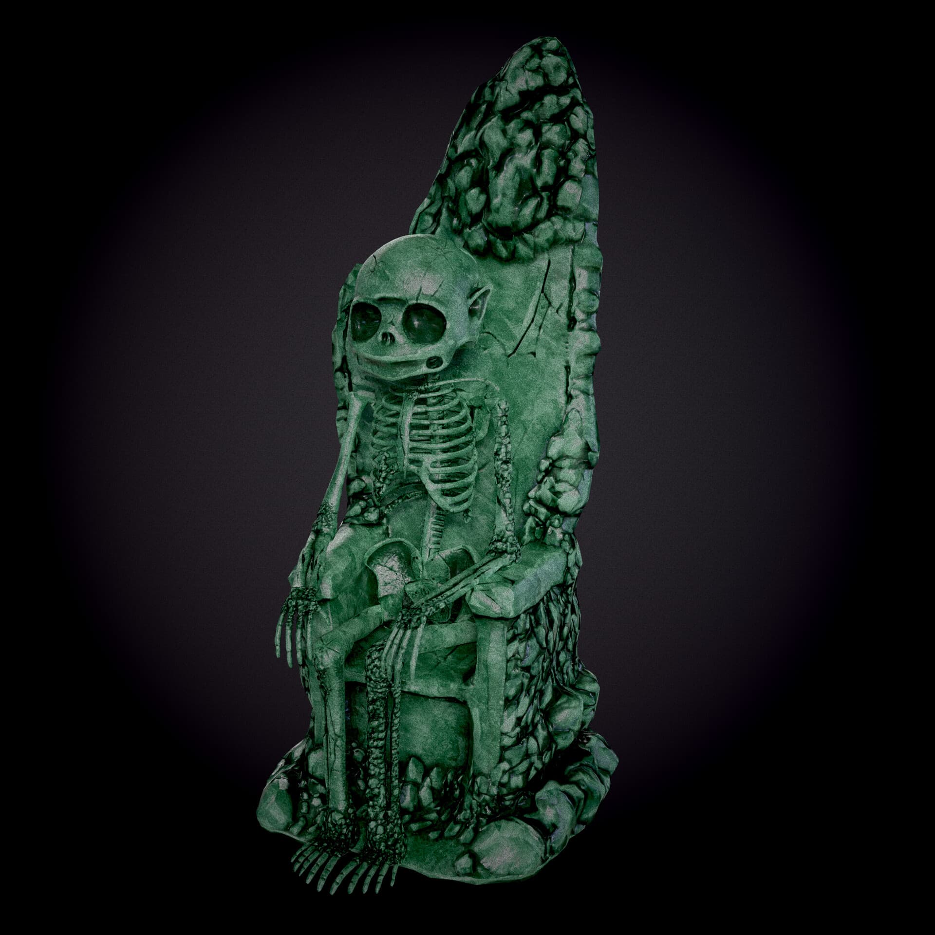 Green stone skeleton statuette seated against a textured stone slab.
