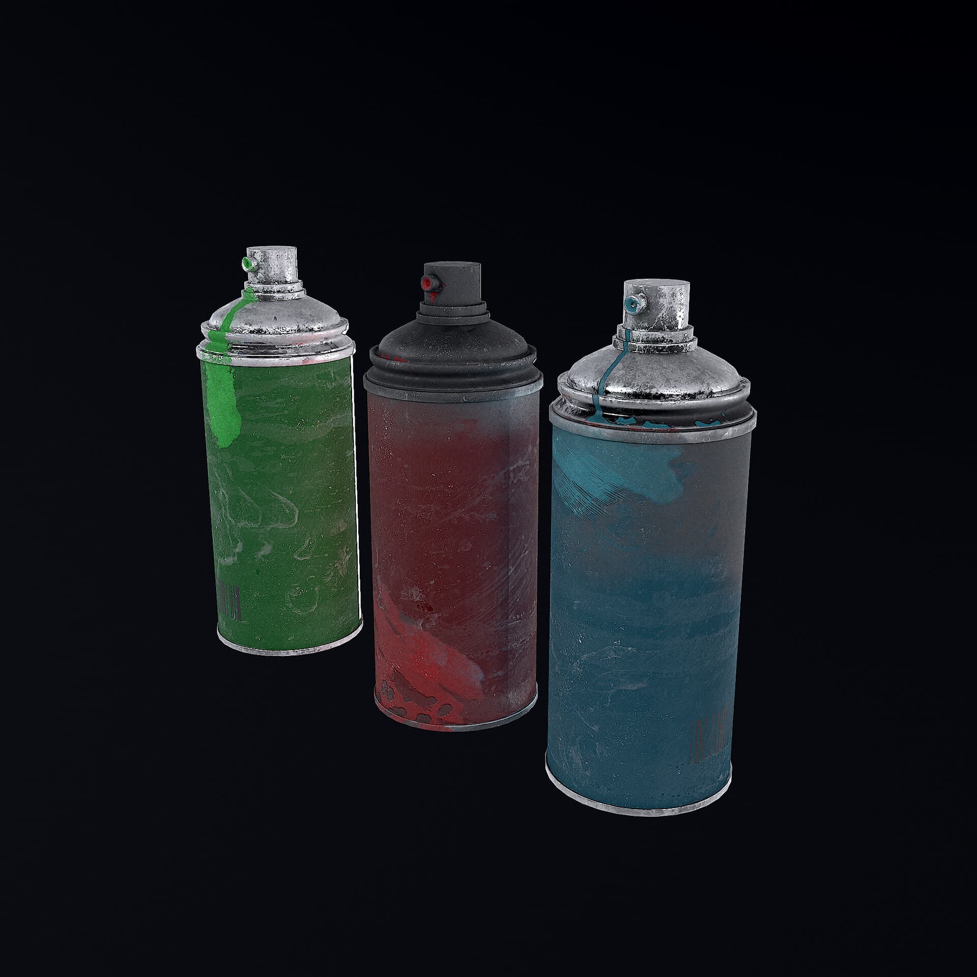 Three weathered spray paint cans in green, red and blue.