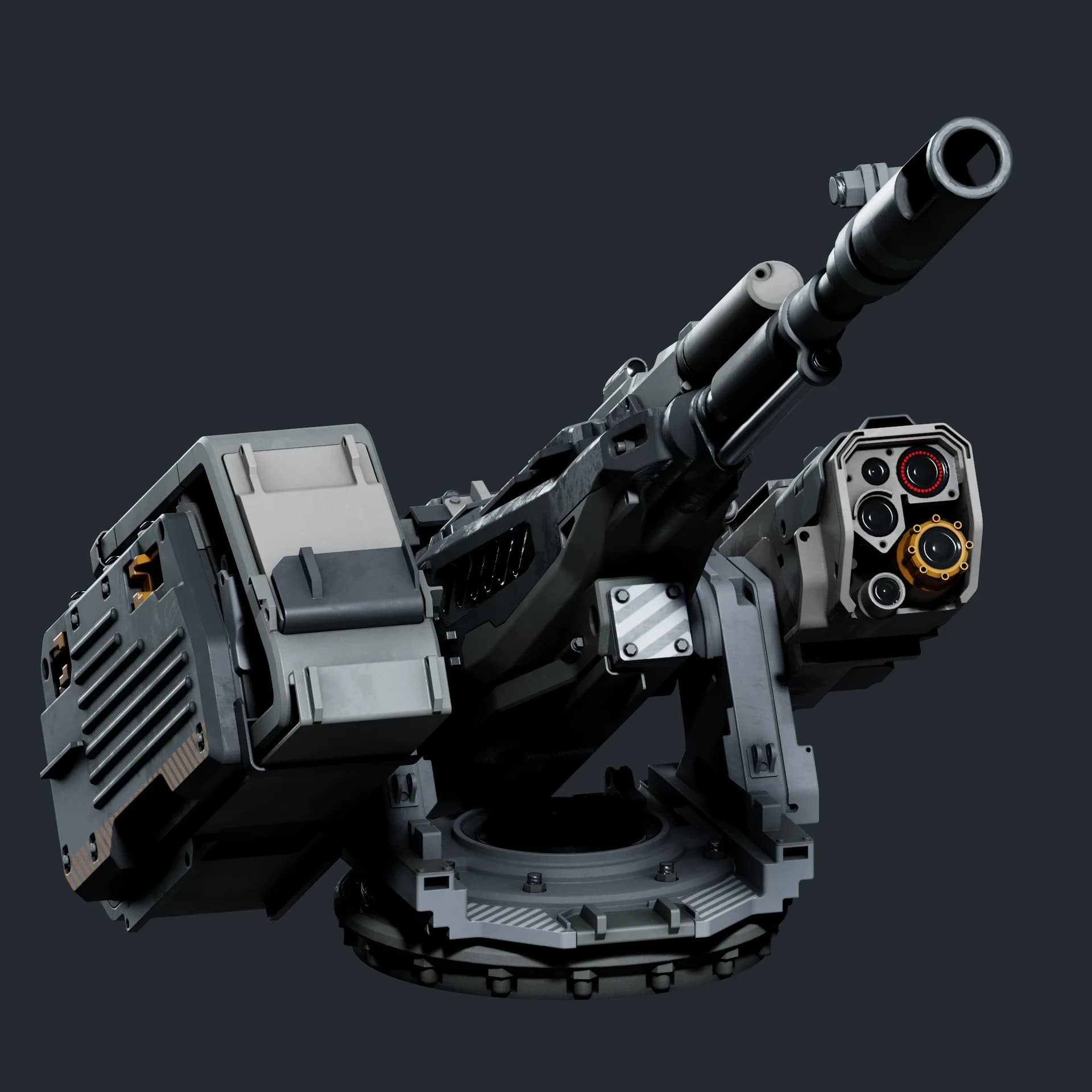 A game-ready 30mm autocannon turret with detailed mechanical construction